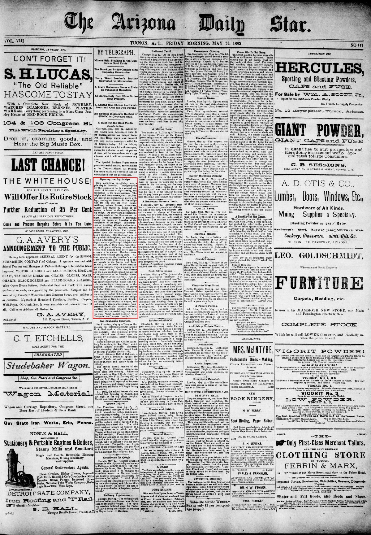 Friday, May 25, 1883 front page: The opening of the Brooklyn Bridge