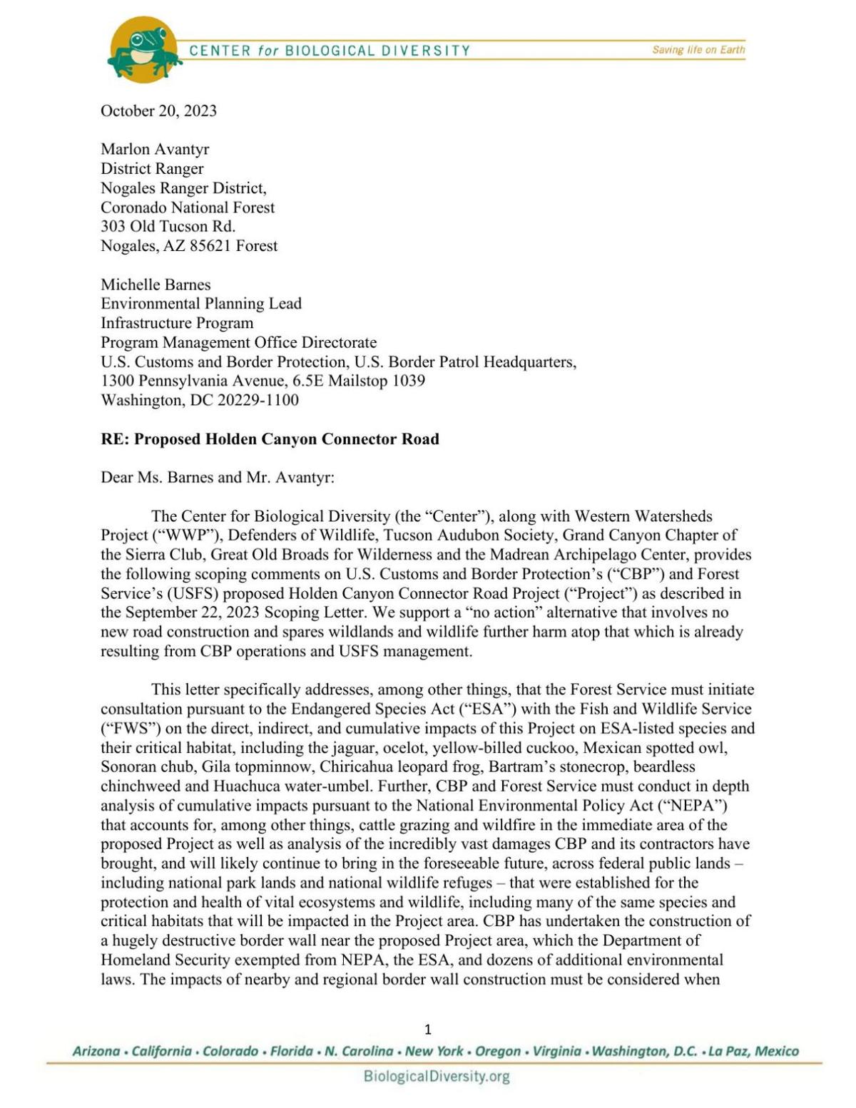 Scoping comments from Center for Biological Diversity