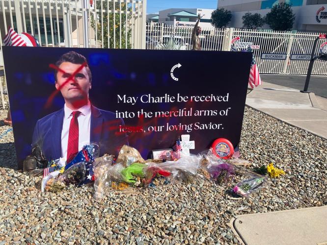 Charlie Kirk statue at Turning Point's Arizona headquarters defaced