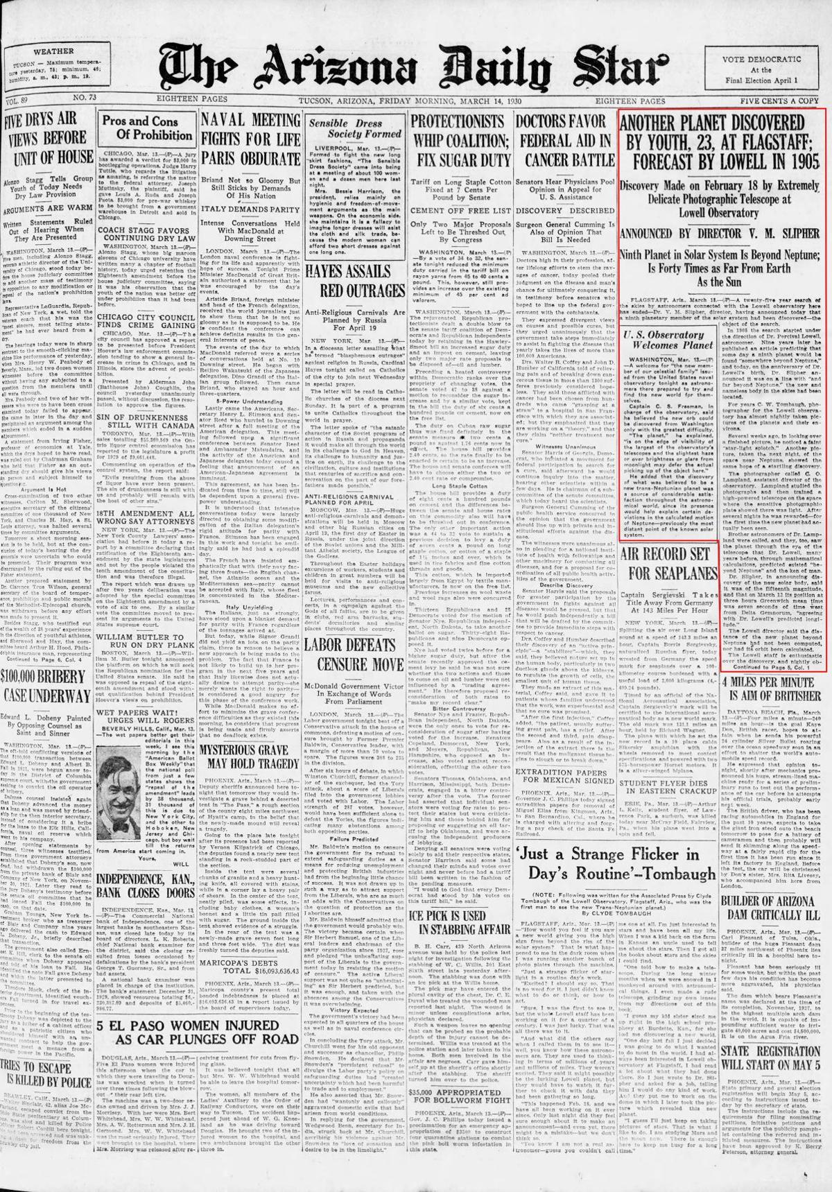 Friday, March 14, 1930, front page: Discovery of ninth planet announced