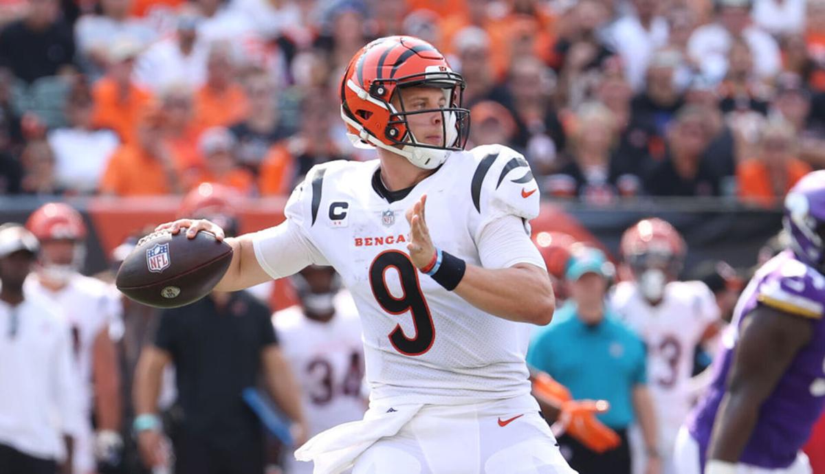 Joe Burrow #9 of the Cincinnati Bengals throws a pass against the Minnesota Vikings at Paul Brown Stadium on September 12, 2021 in Cincinnati, Ohio.