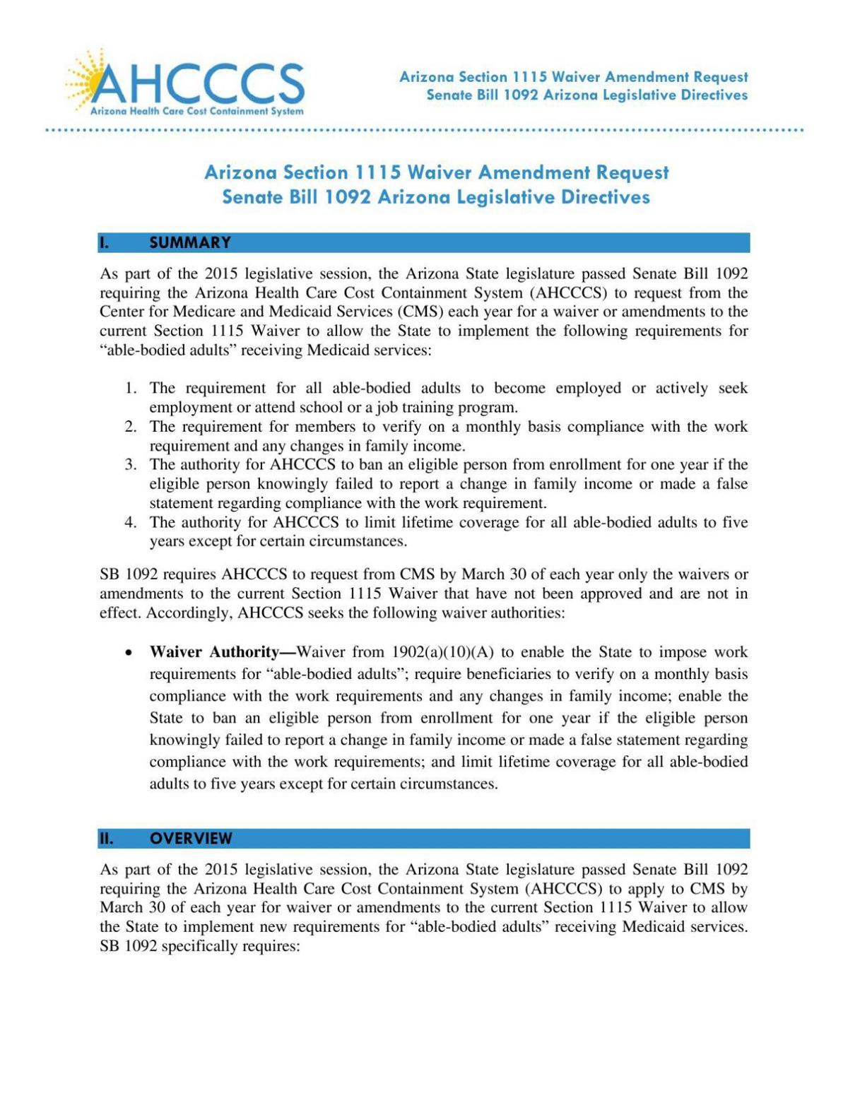 Arizona 2017 Medicaid Waiver Request Draft