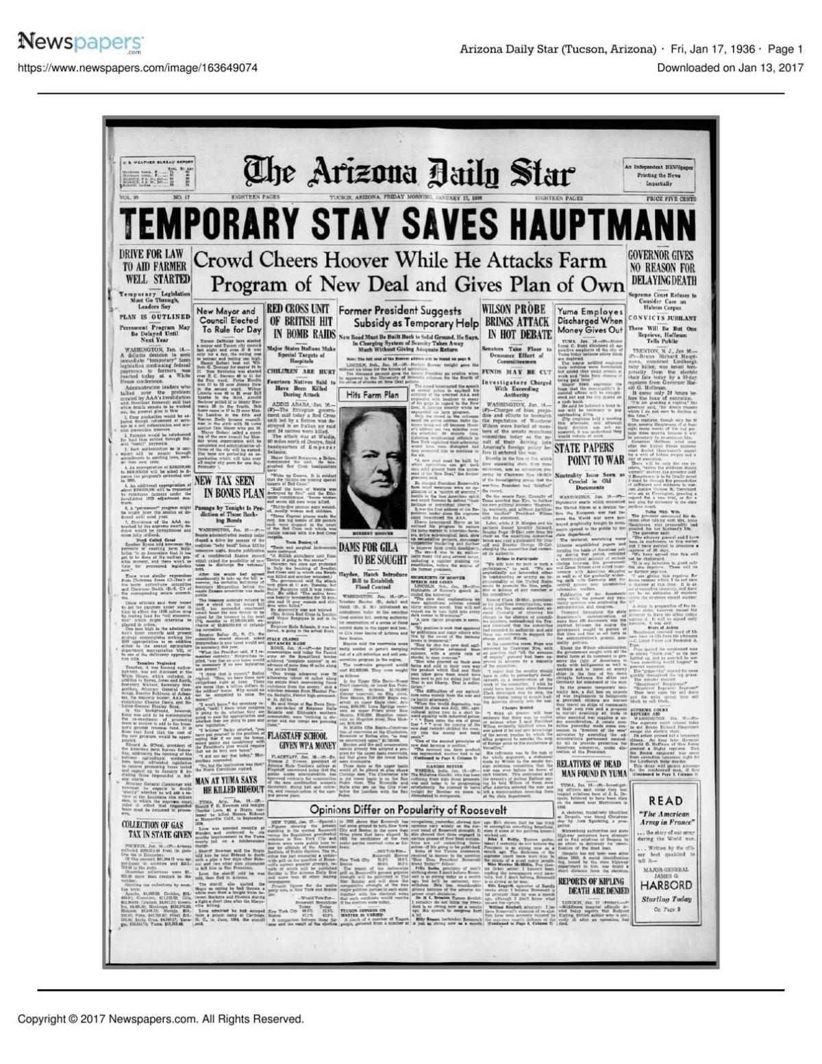 Arizona Daily Star front page Jan. 17, 1936