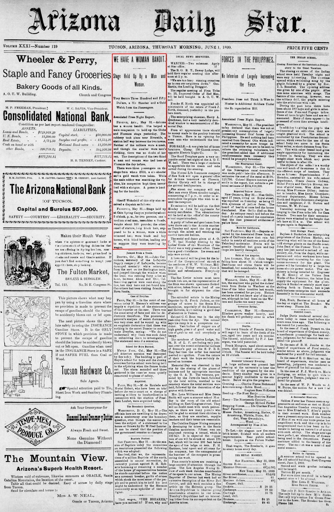 Thursday, June 1, 1899, front page: Pearl Hart's first stage coach robbery