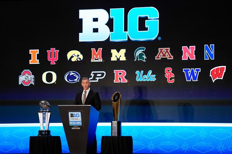 Jul 22, 2025; Las Vegas, NV, USA; Big Ten commissioner Tony Petitti speaks to the media during the Big Ten NCAA college football media days at Mandalay Bay Resort. Mandatory Credit: Lucas Peltier-Imagn Images