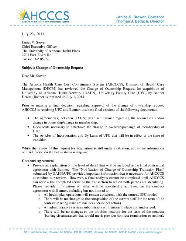 Ahcccs Letter To The Ua Health Network Tucson Com
