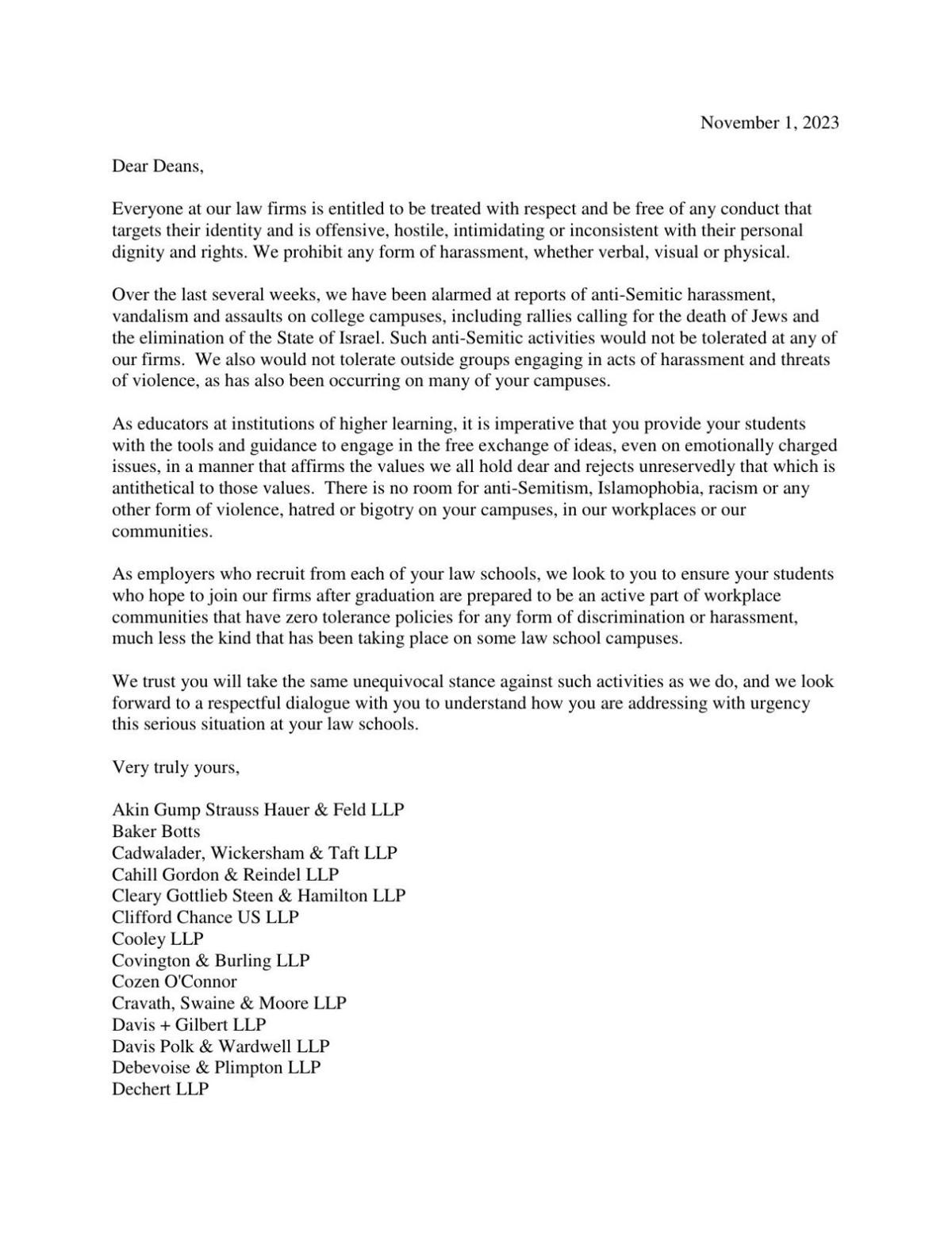 Letter on antisemitism from big law firms to law school deans