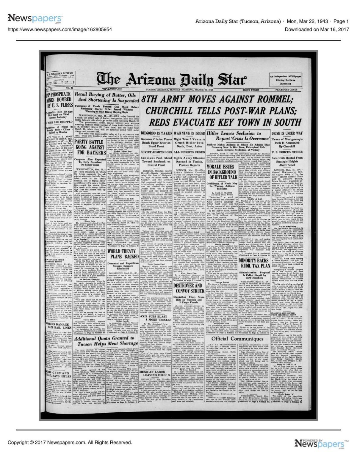 Arizona Daily Star front page March 22, 1943