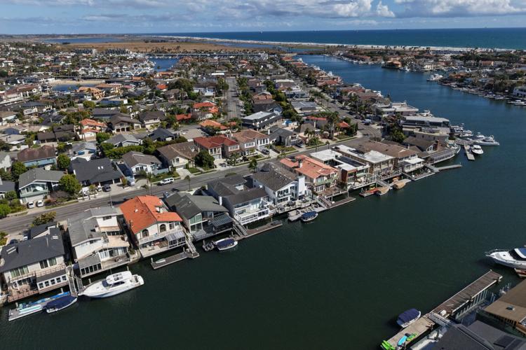 A drone view shows Huntington Harbour in Huntington Beach