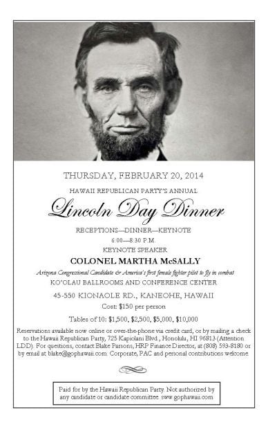 invite to Hawaii GOP Lincoln Day dinner