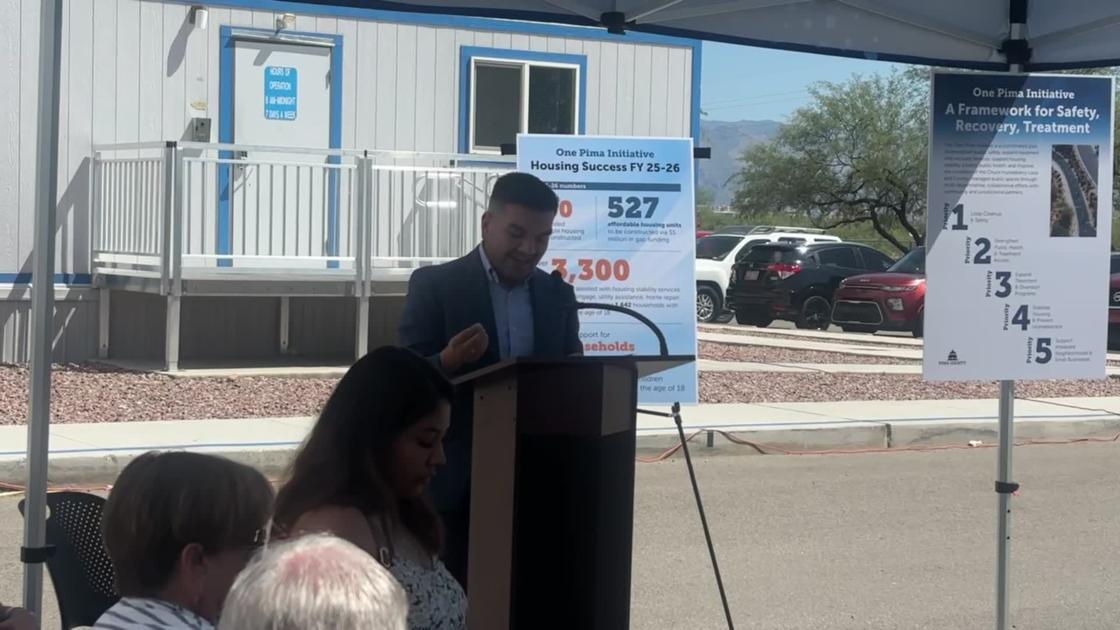 Supervisor Andres Cano speaks at a One Pima Initiative one-year briefing outside the Pima County Transition Center.