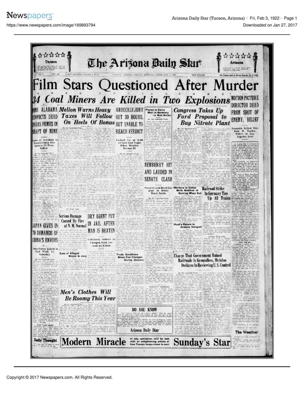Arizona Daily Star front page Feb. 3, 1922