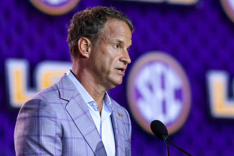 July 23, 2026; Tampa, Florida; LSU Tigers head coach Lane Kiffin speaks to the press during SEC Football Kickoff Media Day at the Tampa Marriott.