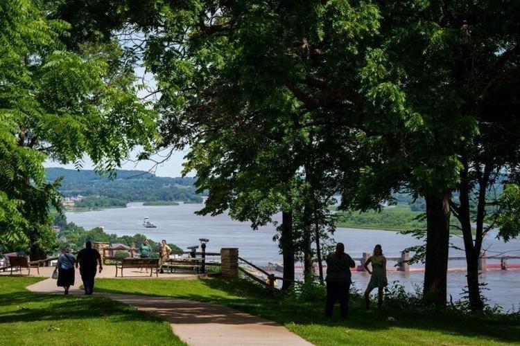 The overlook at Bellevue State Park provides a sweeping view of the Mississippi River, June 15, 2026, in Bellevue, Iowa.