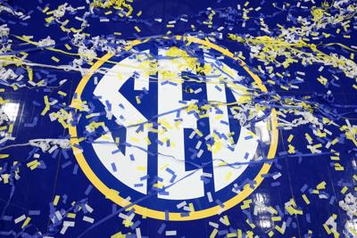 Confetti is seen over the SEC logo after the Florida Gators defeated the Tennessee Volunteers in the SEC Men's Basketball Tournament Championship game at Bridgestone Arena on March 16, 2025, in Nashville, Tennessee.