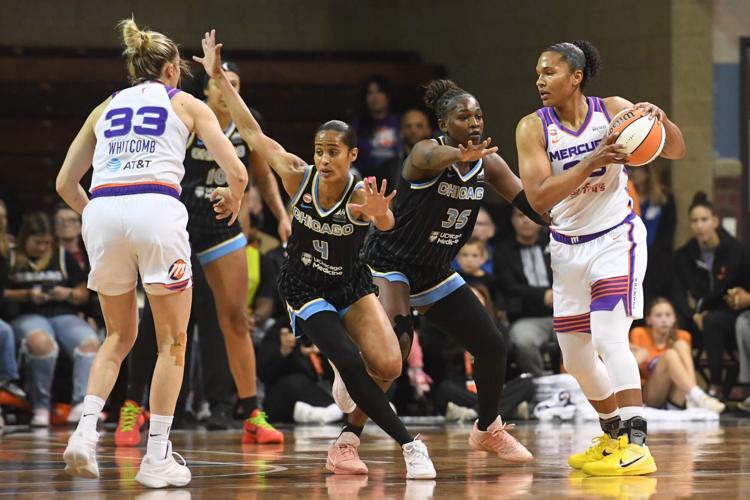 Chicago Sky’s Skylar Diggins (4) and Aicha Coulibaly (35) run to defend while playing against Phoenix Mercury on Saturday, April