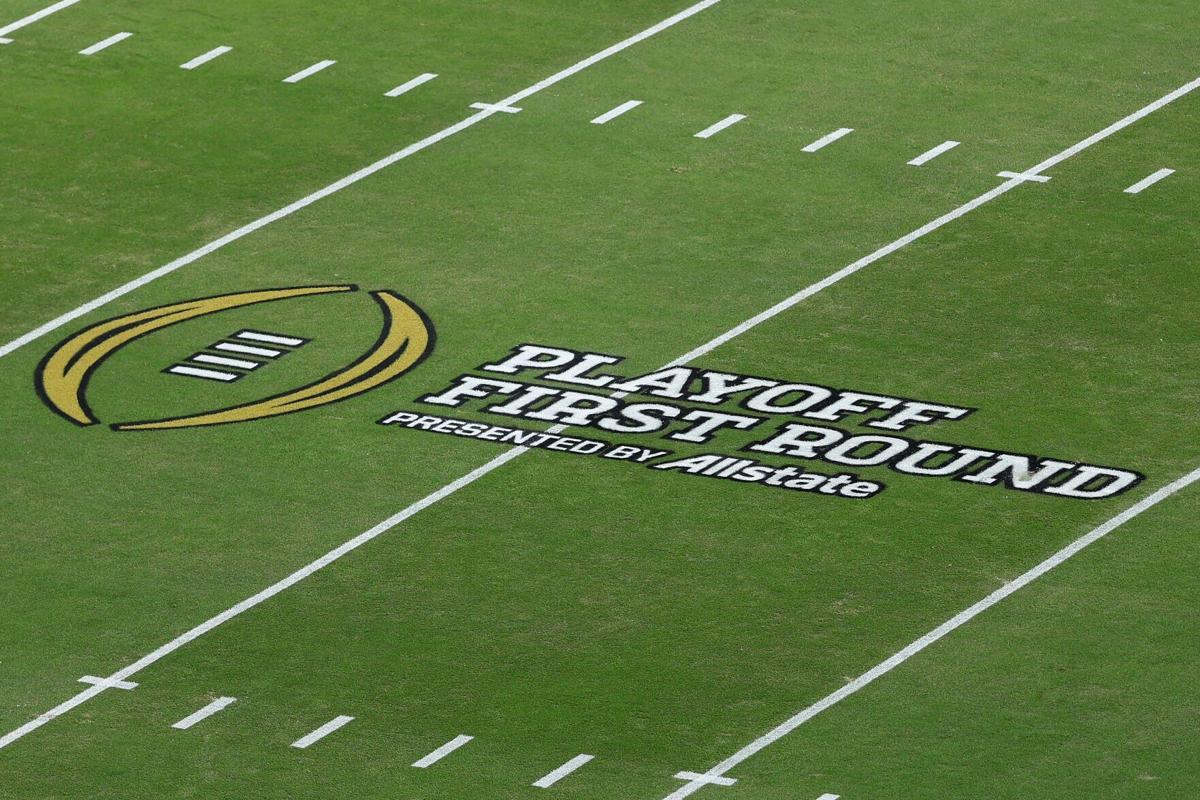 A general view of the College Football Playoff logo on the field during the a College Football Playoff first-round game at Kyle Field on Dec. 20, 2025, in College Station, Texas.