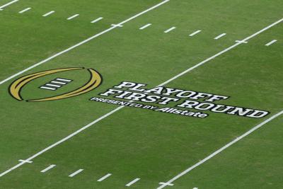 A general view of the College Football Playoff logo on the field during the a College Football Playoff first-round game at Kyle Field on Dec. 20, 2025, in College Station, Texas.