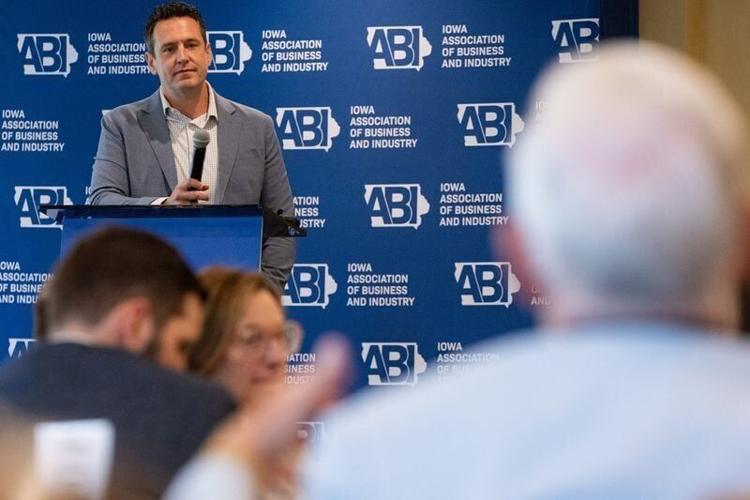 Republican candidate for Iowa governor Zach Lahn speaks at an Iowa Association of Business and Industry event at Glen Oaks Country Club on Aug. 24, 2026, in West Des Moines.