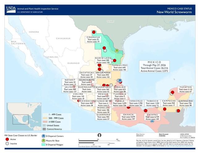 A map of current cases of New World screwworm along the U.S.-Mexico border as of June 1, 2026. Courtesy of USDA
