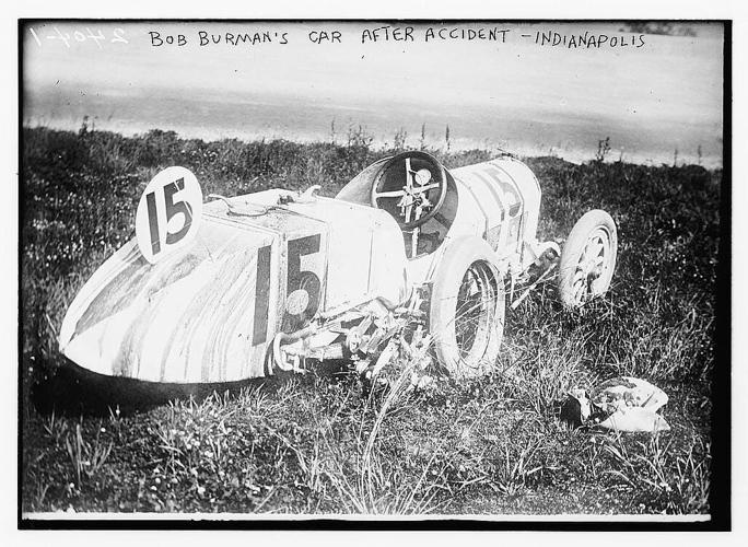 Bob Burman's car after an accident in turn 2 on lap 157 of the 1912 Indianapolis 500.