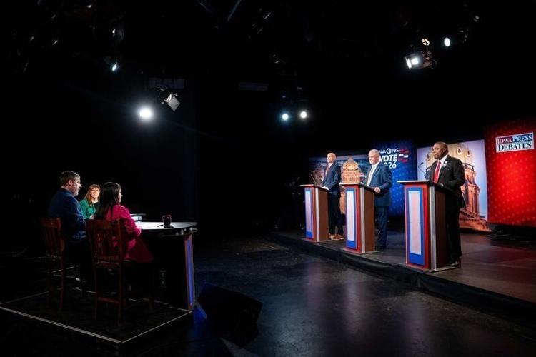 From left: Republican gubernatorial candidates Adam Steen, Brad Sherman and Eddie Andrews share their vision for Iowa’s future during a debate hosted by Iowa PBS on April 28, 2026, in Johnston, Iowa.