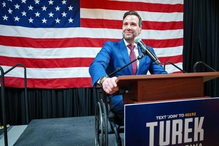 Iowa state Rep. Josh Turek speaks during a primary election night watch party after winning the Democratic nomination for U.S. Senate, Tuesday, June 2, 2026, in Des Moines.