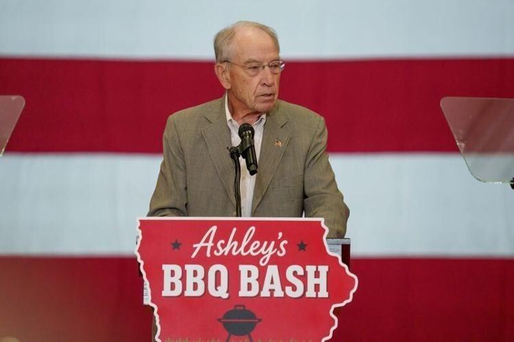 U.S. Senator Chuck Grassley speaks at the Ashley Hinson annual BBQ Bash fundraiser Saturday, Aug. 29, 2026 in Clive, Iowa.