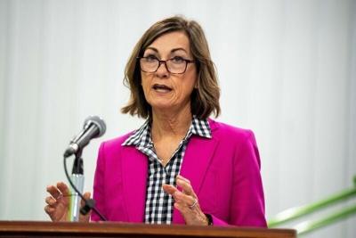 Iowa Gov. Kim Reynolds speaks during a bill signing for HF 2514, a law that would make child care workers eligible for state child care assistance regardless of their income, on April 9, 2026, at Stepping Stones Child Development Center in Slater.