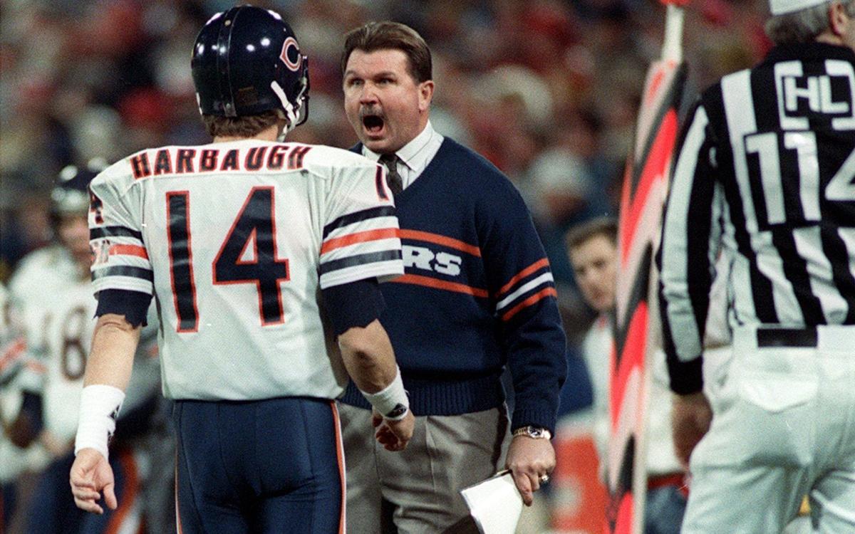 Bears coach Mike Ditka yells at quarterback Jim Harbaugh on the sideline during a game against the 49ers on Dec. 14, 1987, in San Francisco.