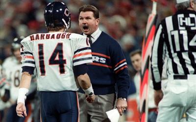 Bears coach Mike Ditka yells at quarterback Jim Harbaugh on the sideline during a game against the 49ers on Dec. 14, 1987, in San Francisco.