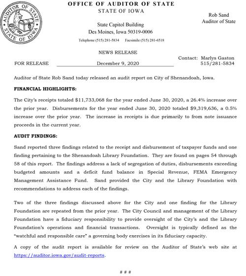 Auditor of State Rob Sand today released an audit report on City of Shenandoah