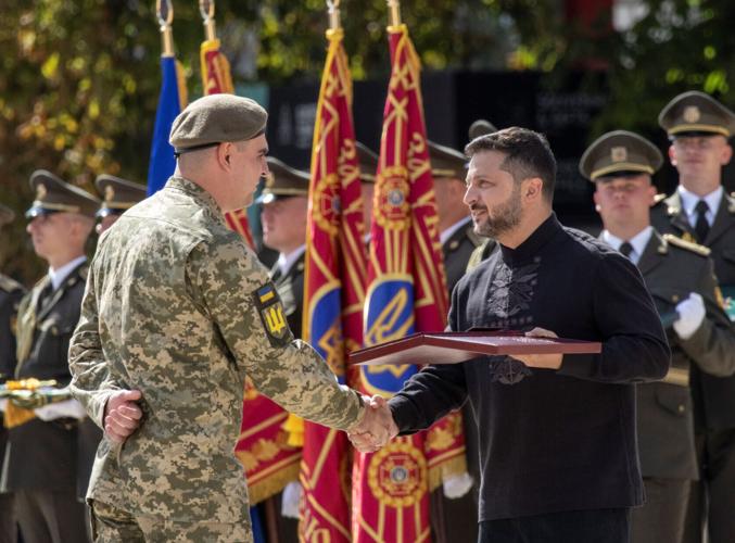 Ukrainian commander receives nation's highest military honour from Ukraine's President Zelenskyy during a celebration ceremony of the Independence Day, in Kyiv