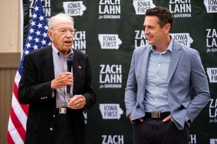 U.S. Sen. Chuck Grassley joins Republican gubernatorial candidate Zach Lahn at a campaign stop in Bondurant on Oct. 13, 2026.