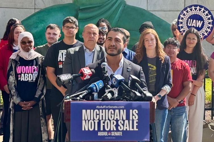 Abdul El-Sayed gives a press conference after winning the Democratic nomination for U.S. Senate in front of the Spirit of Detroit on Wednesday, Aug. 5, 2026.
