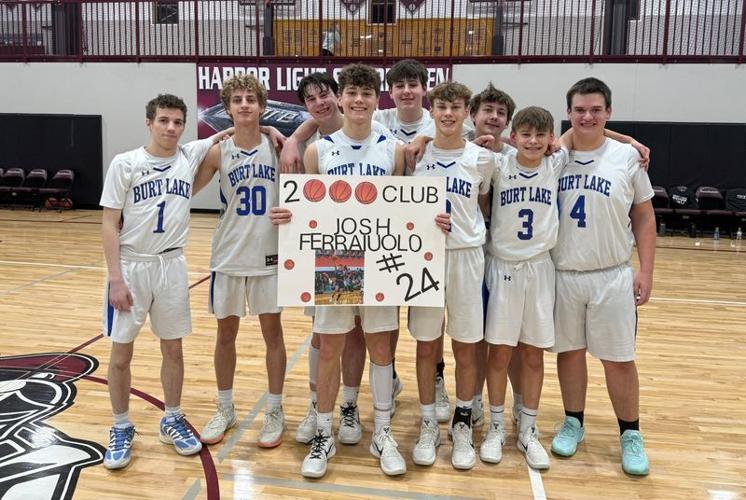Senior Joshua Ferraiuolo (24) reached 2,000 career points for the NMCA boys basketball team, which advanced to the district final with a semifinal victory over Alanson at Harbor Light on Wednesday, Feb. 25.