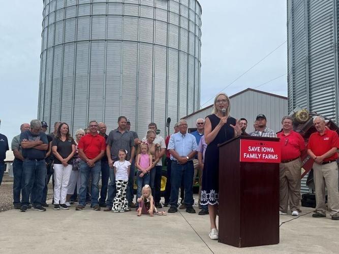 Republican U.S. Senate candidate Ashley Hinson calls on Congress to pass the "Save Our Bacon Act" as part of the next Farm Bill at a campaign event on a farm near Marshalltown on Friday, July 10, 2026.