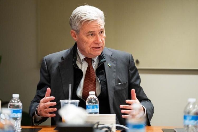 U.S. Sen. Sheldon Whitehouse, D-RI, speaks during a roundtable on extreme weather and rising insurance costs on April 9, 2026, in Des Moines.