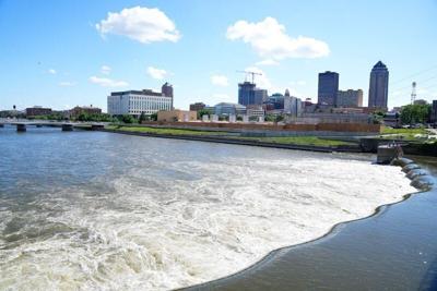 The Des Moines River flows through downtown as residents of the Des Moines metro are placed under a mandatory lawn watering ban for the second consecutive year on June 8, 2026.