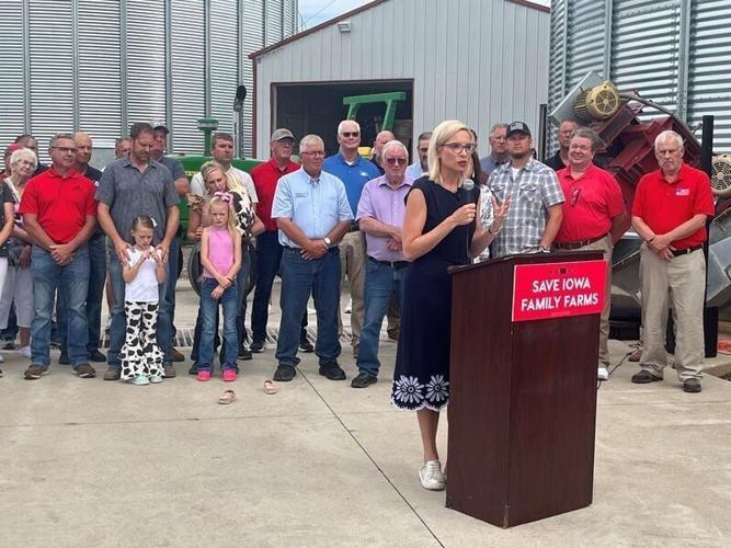 Republican U.S. Senate candidate Ashley Hinson calls on Congress to pass the "Save Our Bacon Act" as part of the next Farm Bill at a campaign event on a farm near Marshalltown on Friday, July 10, 2026.