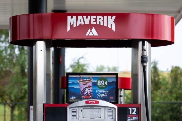 A gas pump at a rebranded former Kum & Go store bears the mountain-like M of new owner Maverik.