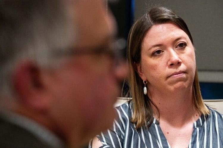 Ellen Walsh-Rosmann, a farmer and owner of Milk & Honey in Harlan, participates in a roundtable on extreme weather and rising insurance costs for Iowans on April 9, 2026, in Des Moines.