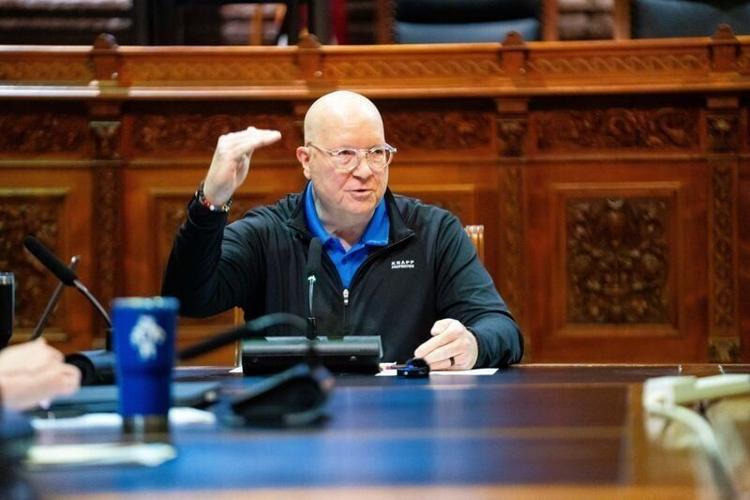 Chris Costa of Knapp Properties speaks during a public hearing on the Iowa Senate’s overhaul of the the state’s property tax system on April 21, 2026, at the Iowa State Capitol.