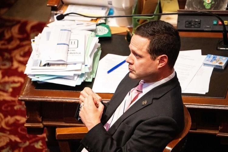Sen. Matt Blake sits at his desk during budget discussion on the Iowa Senate floor on May 14, 2025, at the Iowa State Capitol.