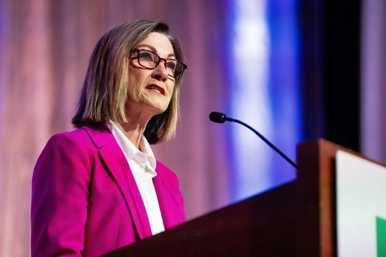 Gov. Kim Reynolds speaks at the annual Iowa Prayer Breakfast on April 2, 2026, at the Community Choice Credit Union Convention Center in Des Moines.