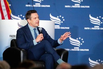 Republican gubernatorial candidate Zach Lahn speaks during the Faith and Freedom Spring Kickoff on May 1, 2026, at the Horizon Events Center in Clive.