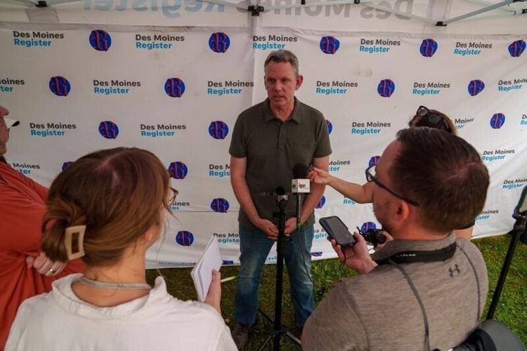 Dave Dawson, the Democratic candidate for Iowa's 4th Congressional District, speaks during the Soapbox at the Iowa State Fair Saturday, Aug. 15, 2026.
