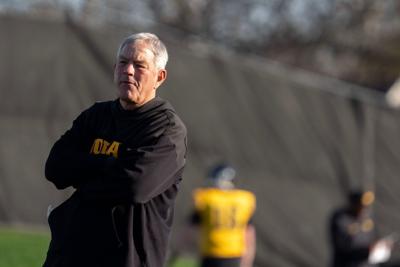 Iowa head coach Kirk Ferentz watches the football team during practice April 9, 2026 in Iowa City, Iowa.