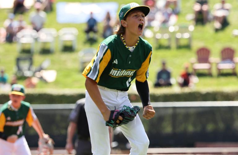 Pitcher Cooper Thissen of Davenport, Iowa, (Midwest Region) strikes out the side in the first inning against Bonita, California