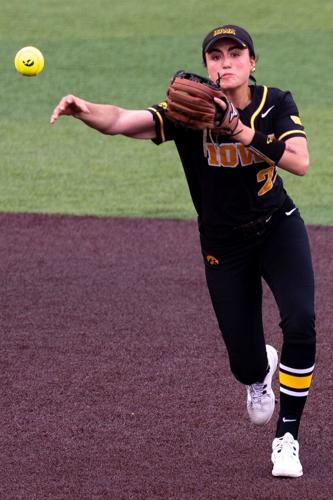 Iowa’s Brianna Johnson (22) throws the ball to first base against the Iowa State Cyclones April 8, 2026 during a softball game
